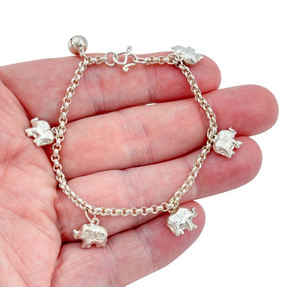 Vintage Sterling Silver 925 Elephant Charm Bracelet 7"